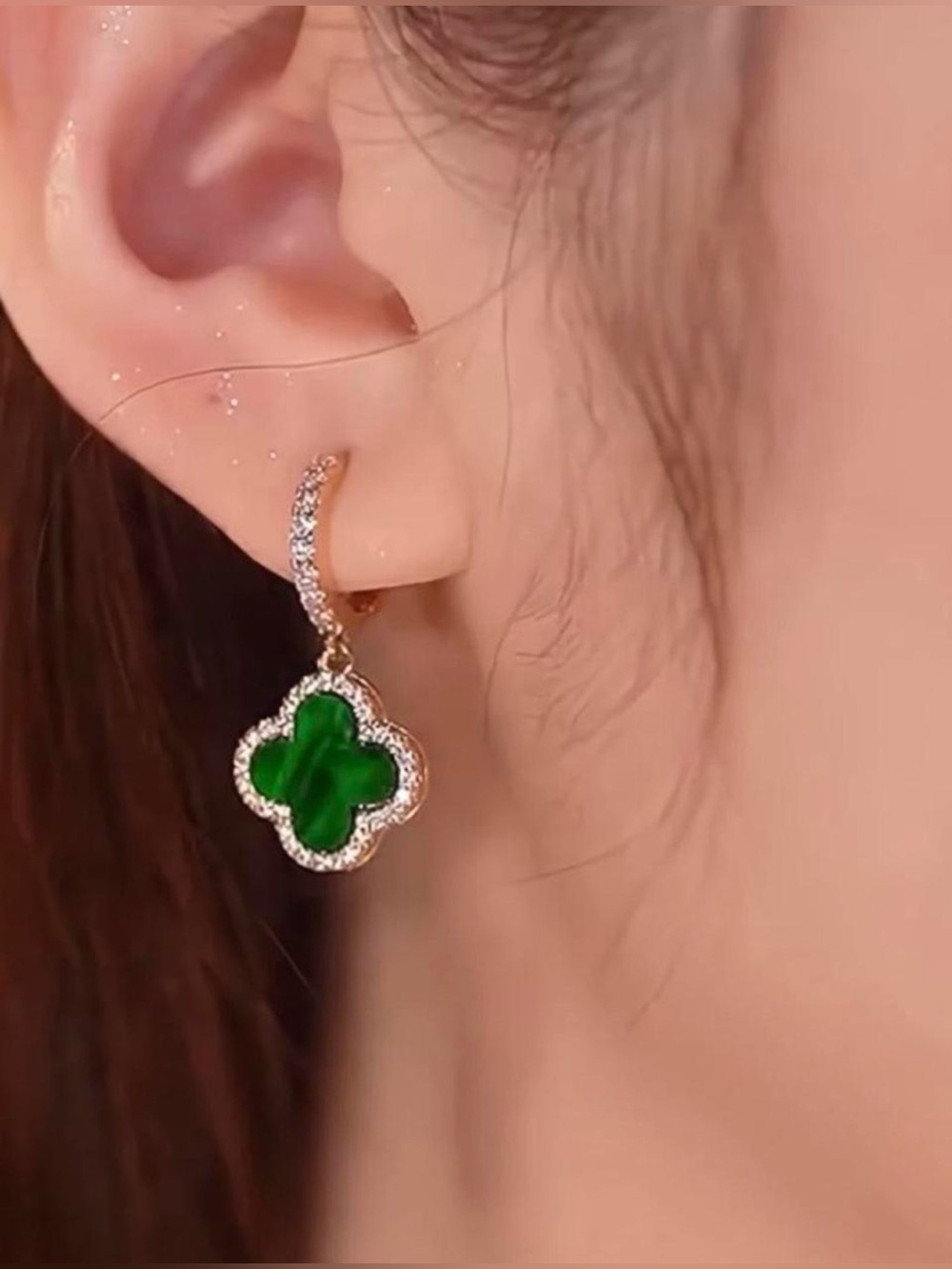 Green Clover Drop Earrings with Pavé Accents